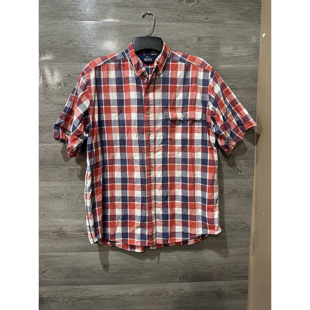 Vintage Woolrich Short Sleeve Plaid Button Up Sz XL Red, White, Blue Patriotic